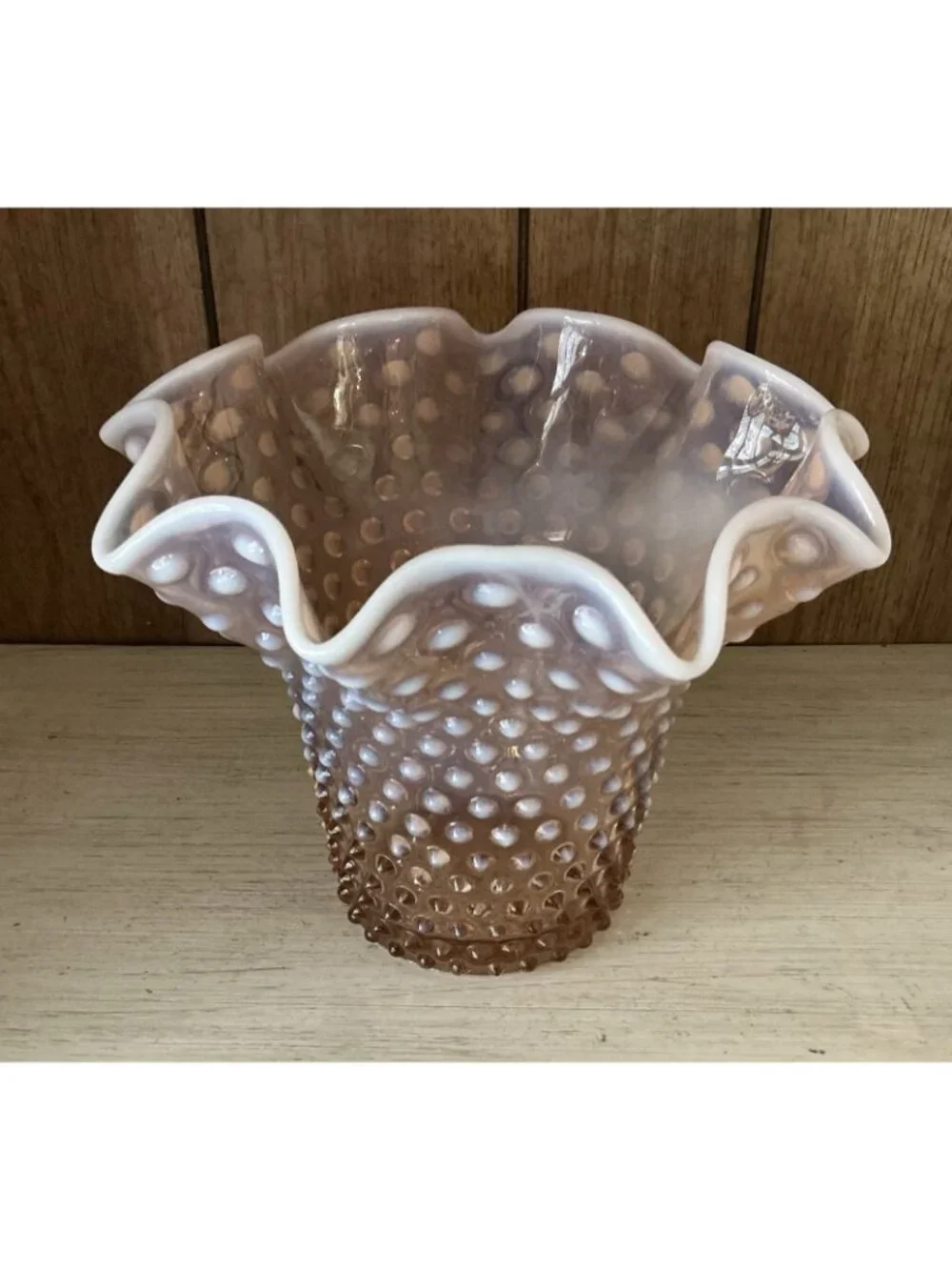 Duncan & Miller Pink Opalescent Hobnail Ruffled Vase 7